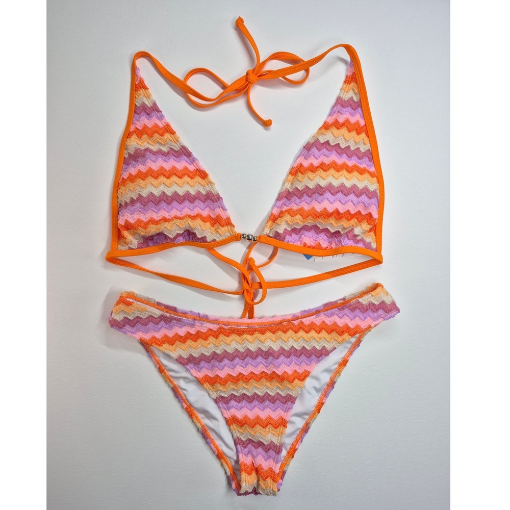 Cupshe Womens Orange Pink Chevron Zig Zag Bikini Set Size L New With Tags